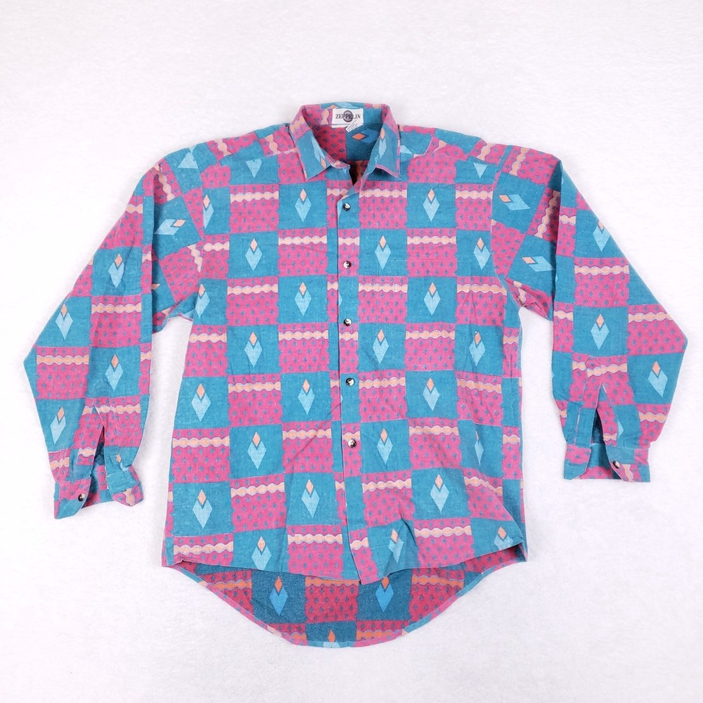 Vintage 80s Zeppelin Shirt M Geometric Pattern Pink Blue Retro Button Up Taiwan‎